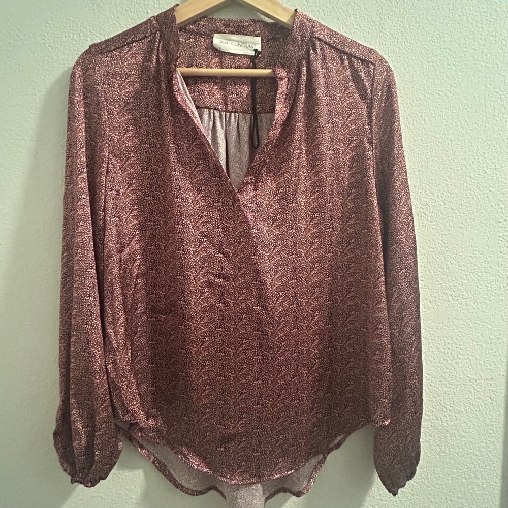 Self Contrast Blouse Long Sleeve V-Neck‎ Floral Print Top Small
